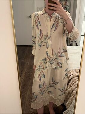 Zadig & Voltaire Cream Floral Blouse and Skirt Silky Set